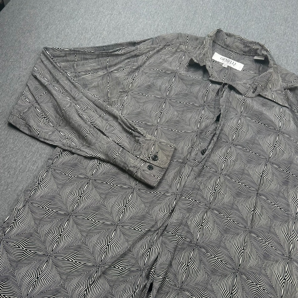 Genelli 100% Silk Long Sleeve Button Up Disco Shirt Mens Large Black White